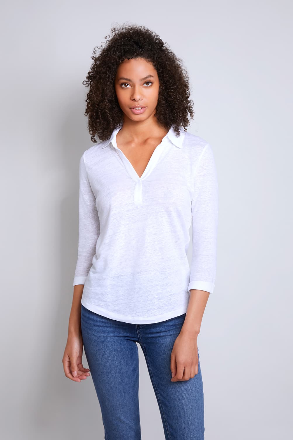 Womens white Collared Linen 3/4 sleeve T-shirt by Lavender Hill Clothing
