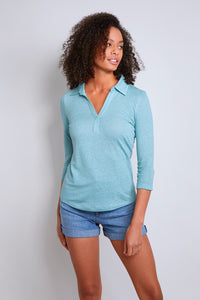 Womens Green Collared Linen 3/4 sleeve T-shirt by Lavender Hill Clothing