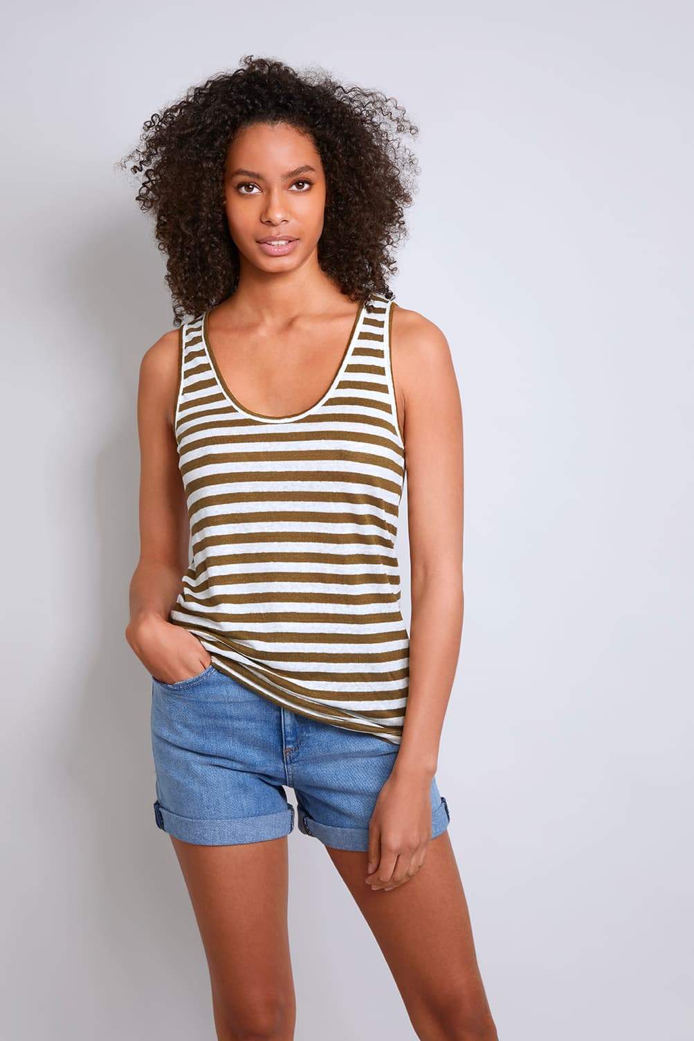 Women's olive white Striped Linen Sleeveless Tank Top by Lavender Hill Clothing