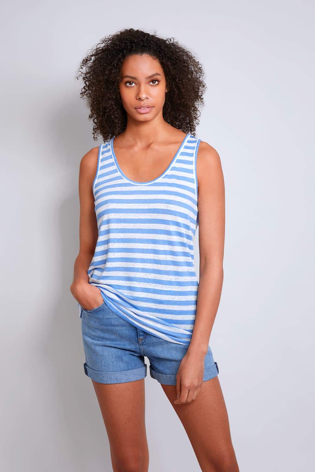 Women's blue white Striped Linen Sleeveless Tank Top by Lavender Hill Clothing