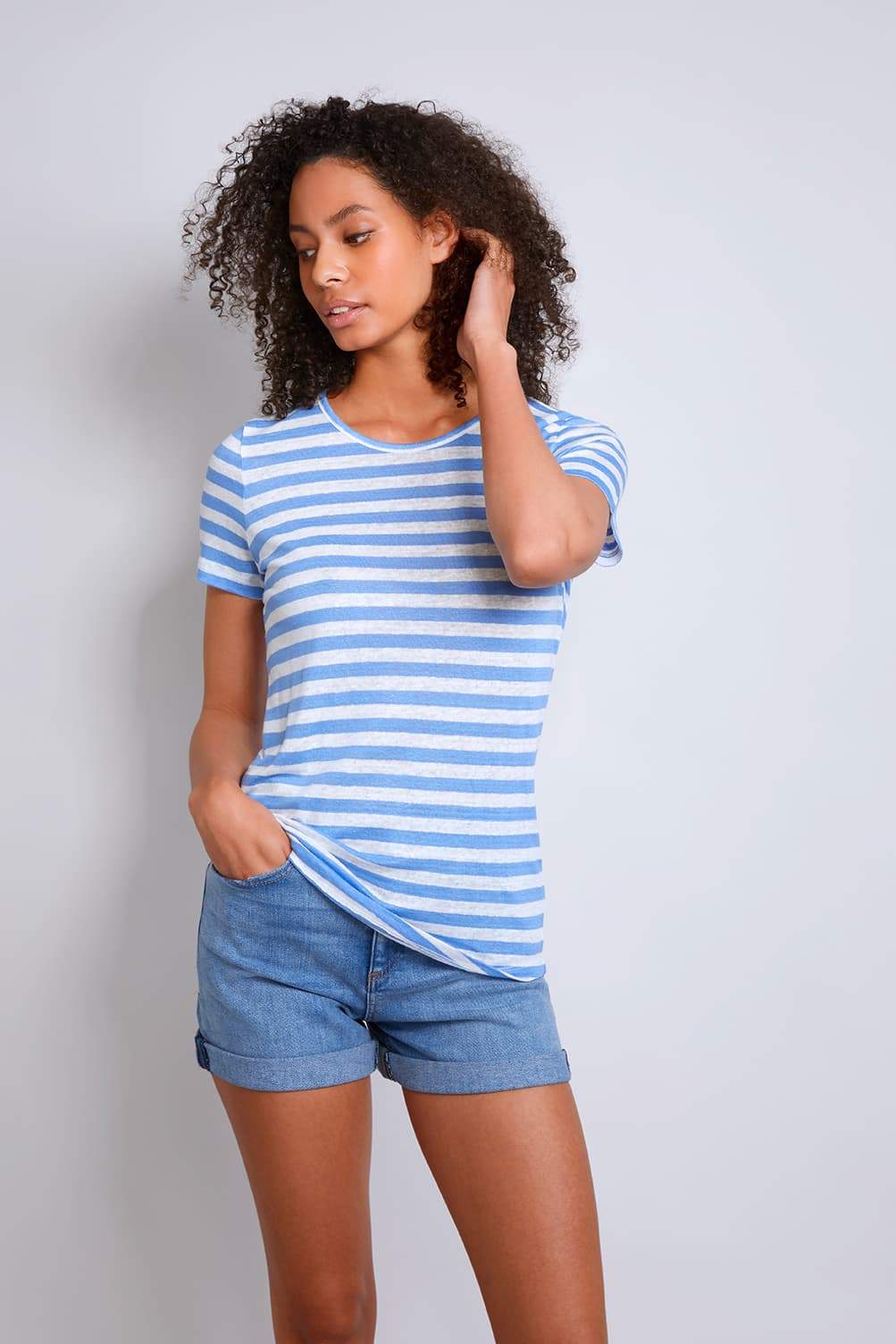 Women's Short Sleeve Striped Linen T-shirt - Blue Short Sleeve T-shirt - High Quality T-shirt - Stripe Linen T-Shirt - Lavender Hill Clothing